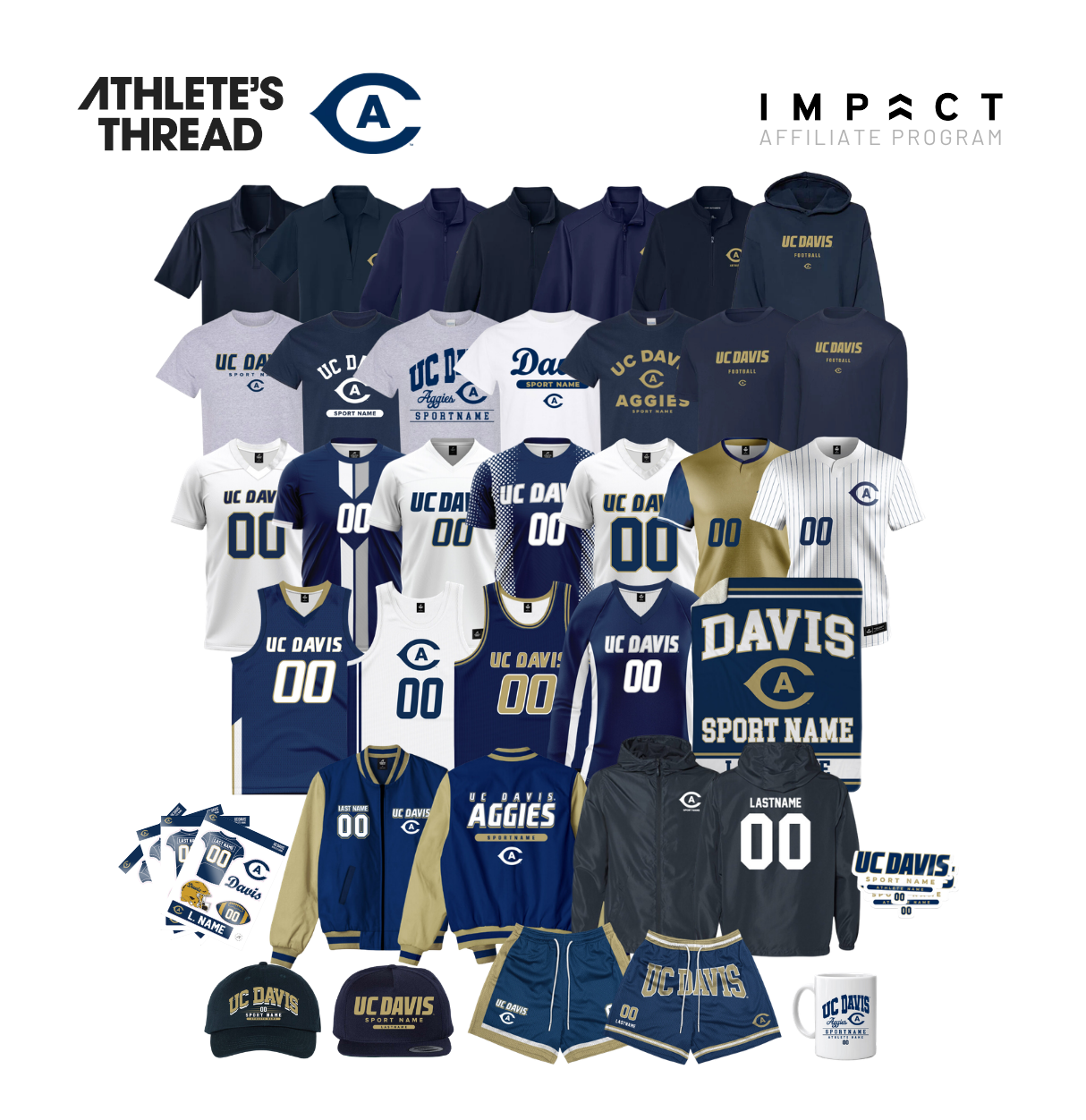 Graphic mockup of navy, white and gold custom team apparel—jerseys, hoodies, caps with sample "DAVIS" name