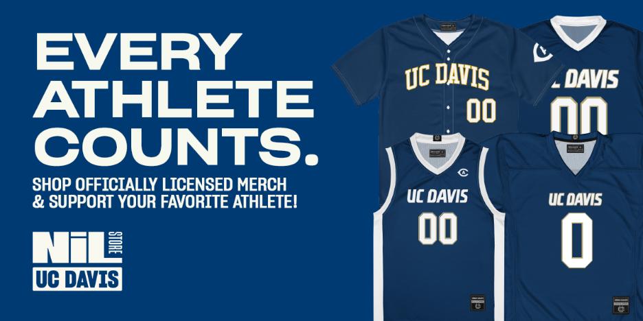 Graphic: navy UC Davis athletic jerseys and shirts with "Every Athlete Counts" text and logos